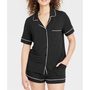 Large Auden Black cloud knit modal soft short sleeve notch collar Shorts Pj Set